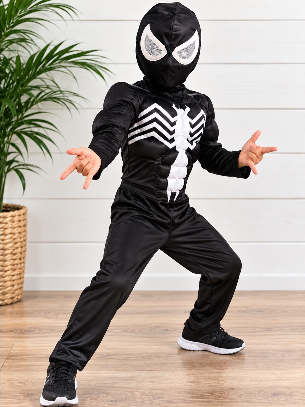 🕷️ Kids Venom Black Spider Muscle Halloween Costume Hood Mask Medium